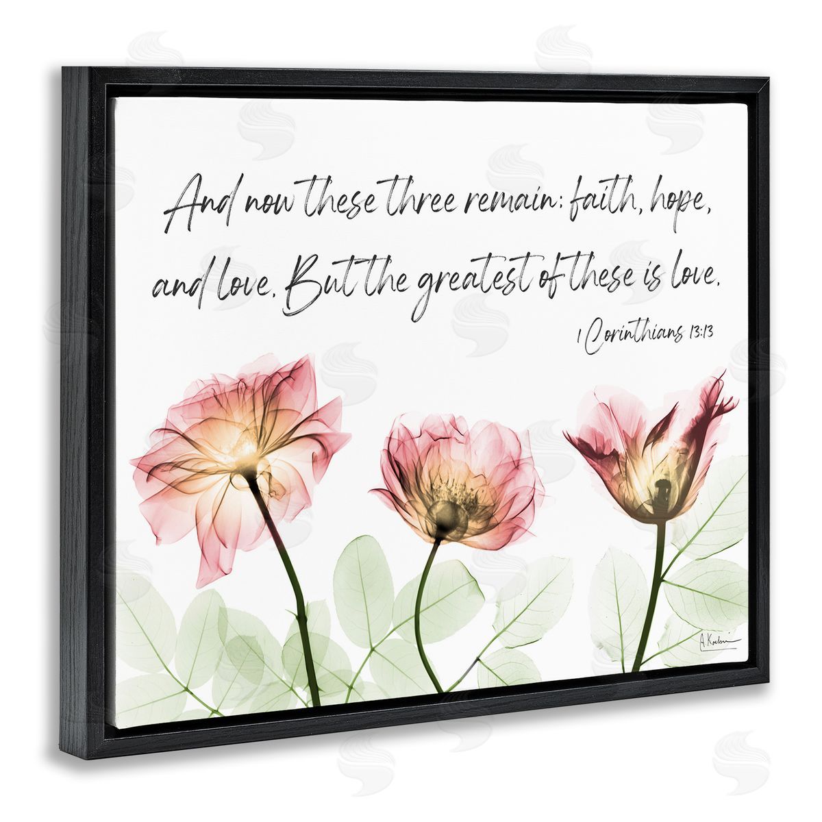 Faith Hope Love Floral Black Floating Frame Canvas Wall Art, Home Decor by Albert Koetsier