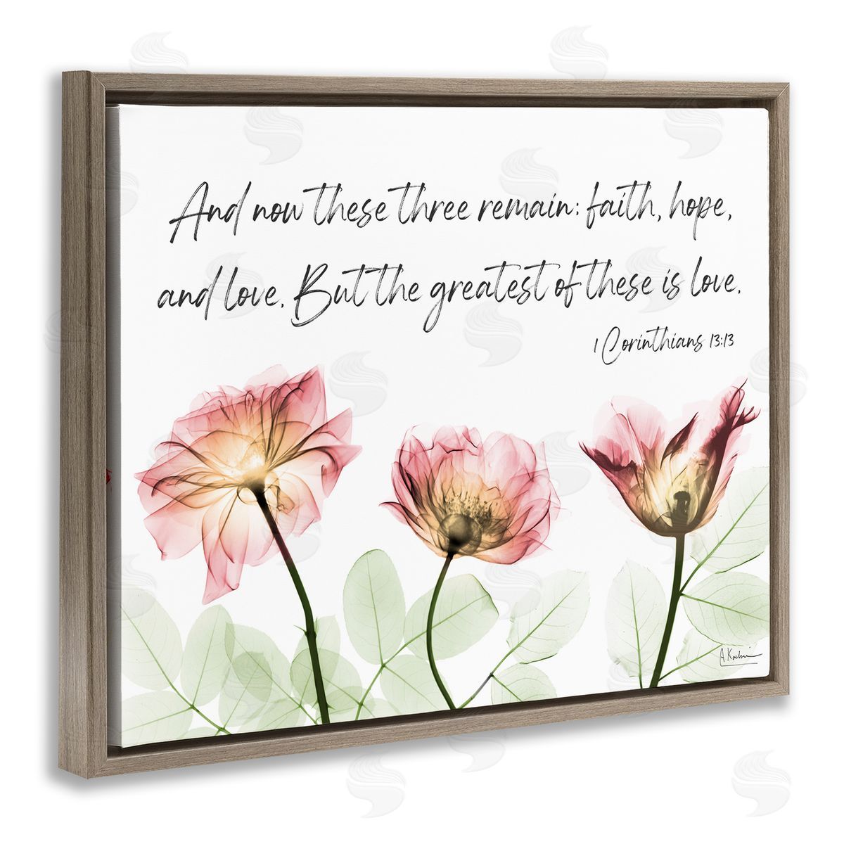 Faith Hope Love Floral Brown Floating Frame Canvas Wall Art, Home Decor by Albert Koetsier