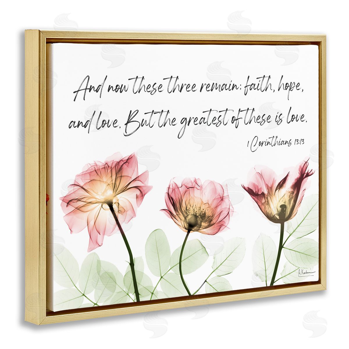 Faith Hope Love Floral Gold Floating Frame Canvas Wall Art, Home Decor by Albert Koetsier