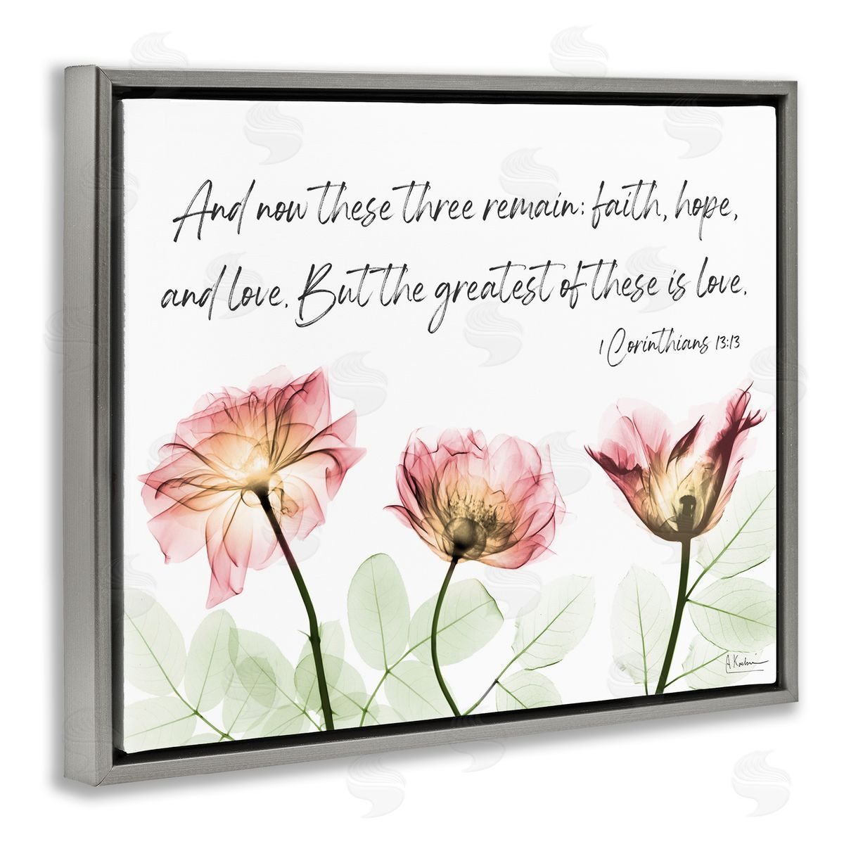Faith Hope Love Floral Grey Floating Frame Canvas Wall Art, Home Decor by Albert Koetsier