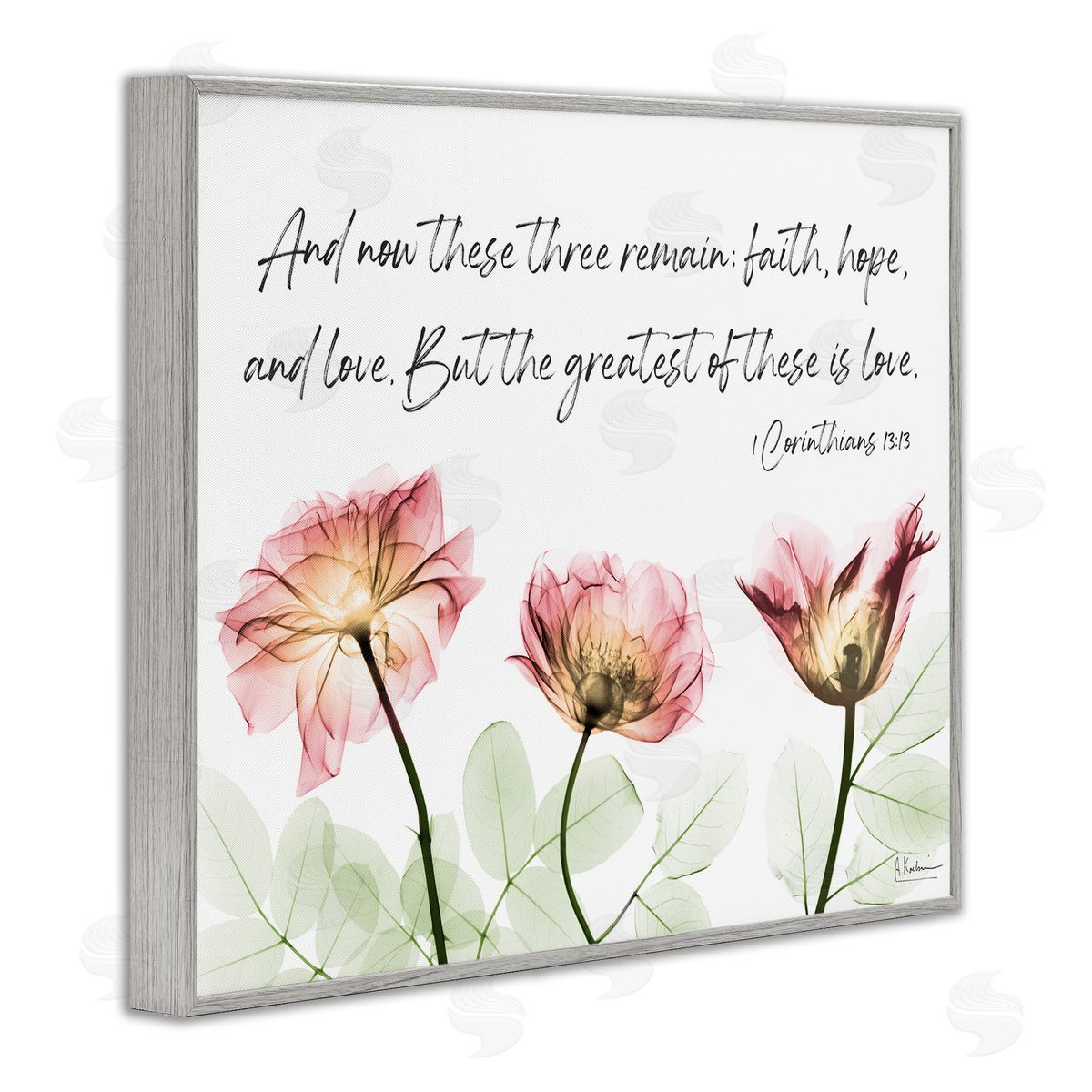 Faith Hope Love Floral Grey Frame Print Wall Art, Home Decor by Albert Koetsier
