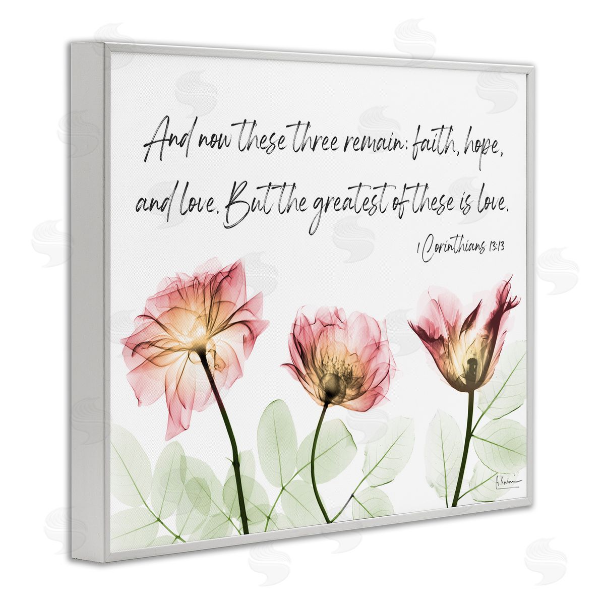 Faith Hope Love Floral White Frame Print Wall Art, Home Decor by Albert Koetsier