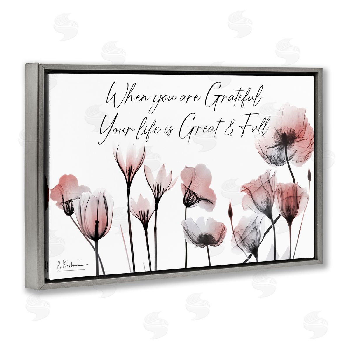 Grateful Faith Floral Grey Floating Frame Canvas Wall Art, Home Decor by Albert Koetsier