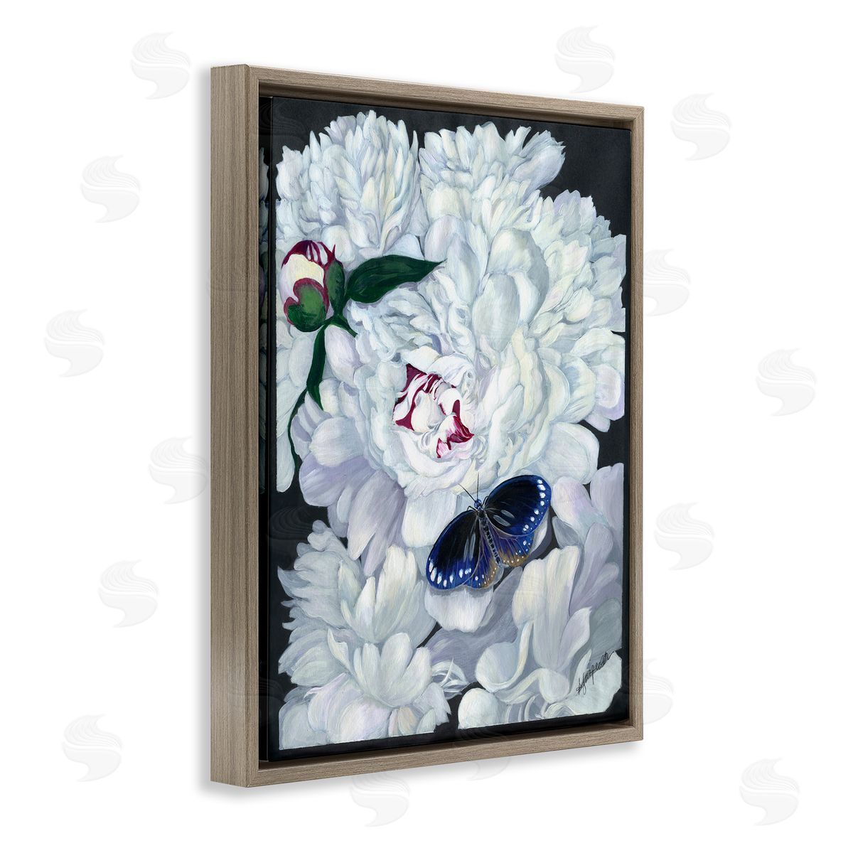 Vintage Peony and Butterfly Brown Floating Frame Canvas Wall Art, Home Decor by Ann Jasperson