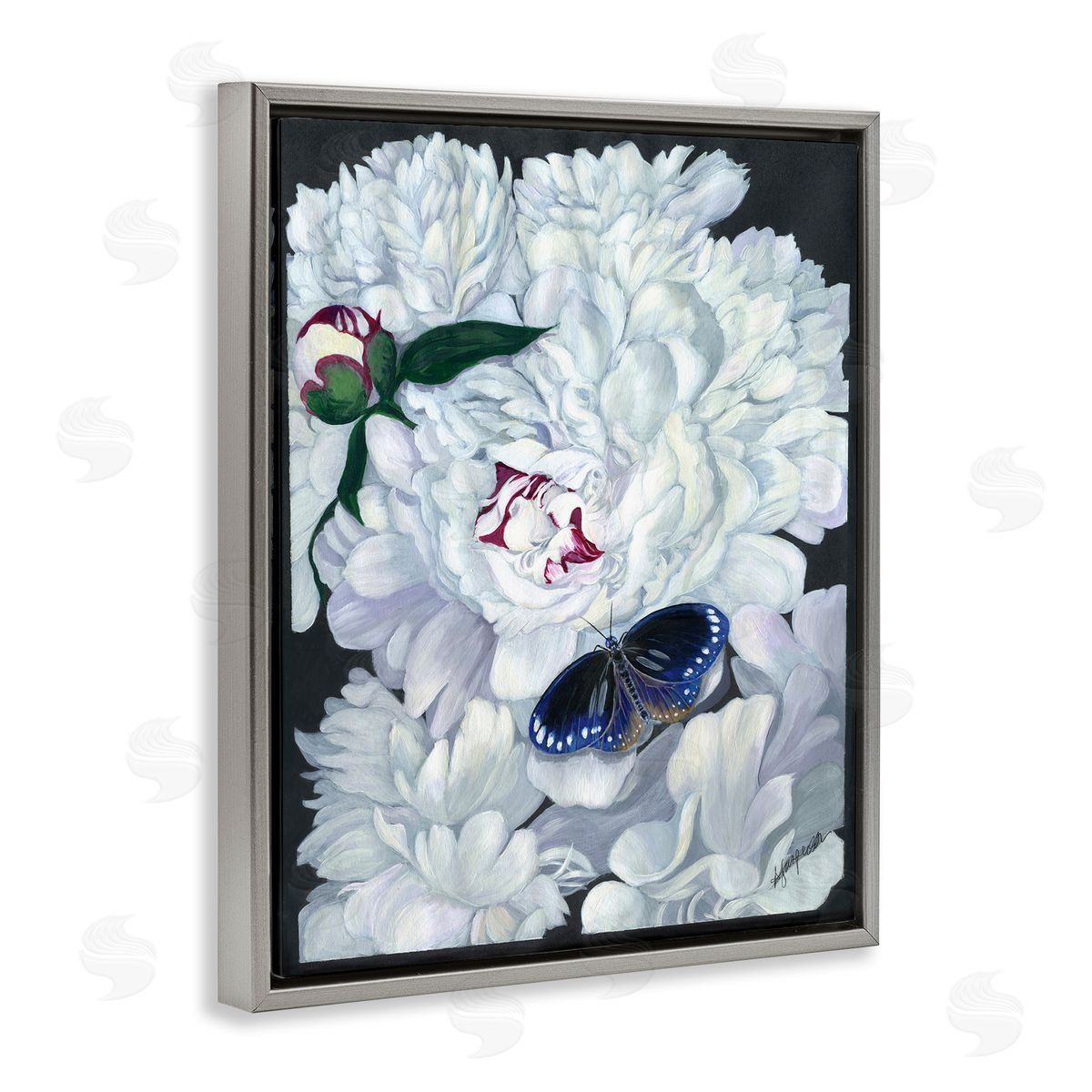 Vintage Peony and Butterfly Grey Floating Frame Canvas Wall Art, Home Decor by Ann Jasperson