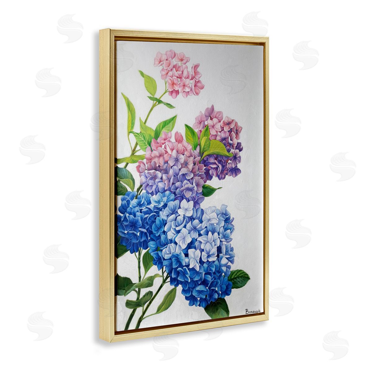 Detailed Hydrangea Gradient Gold Floating Frame Canvas Wall Art, Home Decor by Myroslava Voloschuk