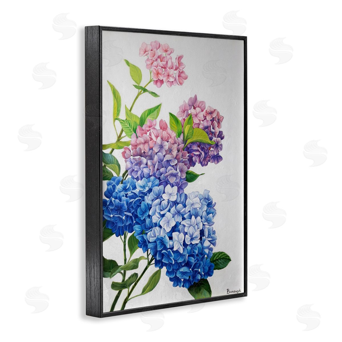 Detailed Hydrangea Gradient Black Frame Print Wall Art, Home Decor by Myroslava Voloschuk