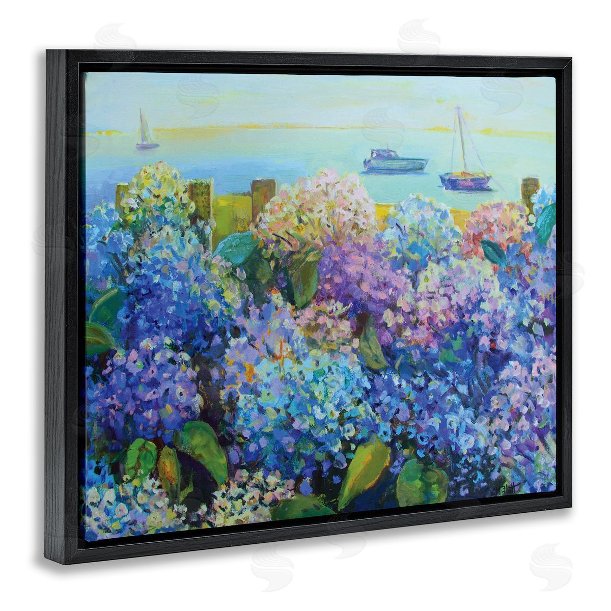 Hydrangea By The Sea Black Floating Frame Canvas Wall Art, Home Decor by Catherine Elliot