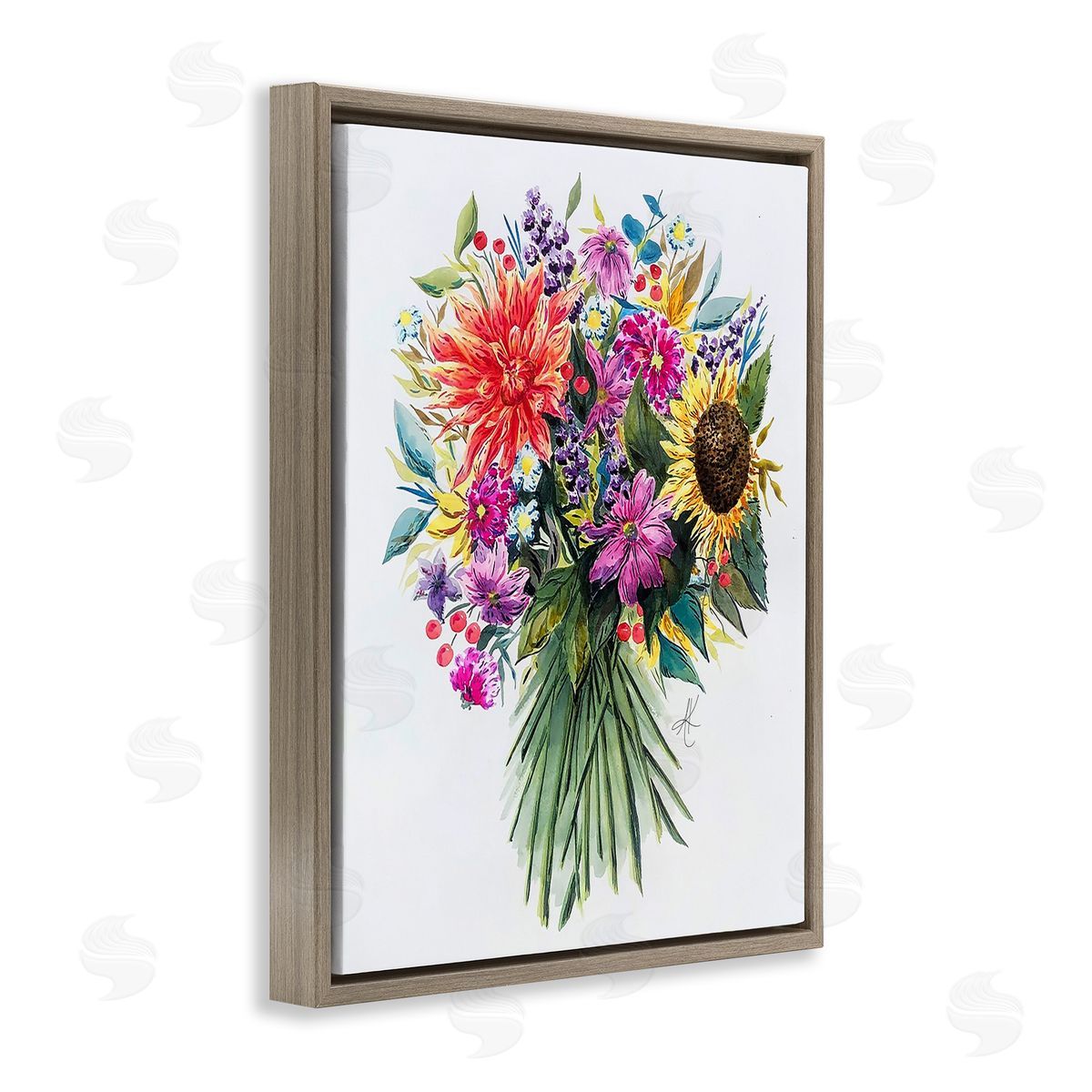Bright Wildflower Bouquet Brown Floating Frame Canvas Wall Art, Home Decor by Alexandria Gilbert Kincaid