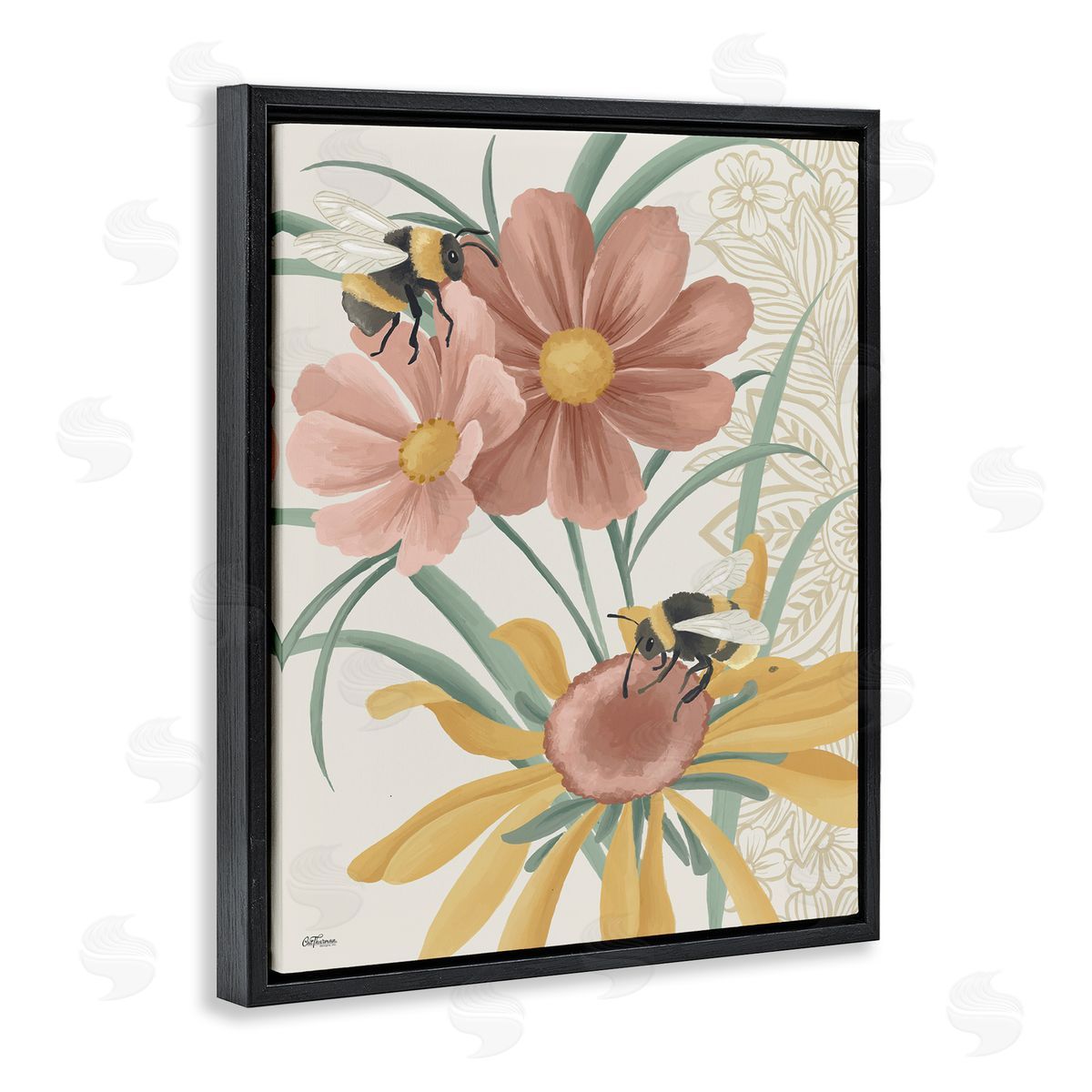 Pollinating Bumble Bees Black Floating Frame Canvas Wall Art, Home Decor by Cat Thurman Designs