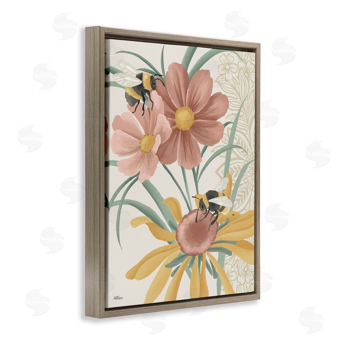 Pollinating Bumble Bees Brown Floating Frame Canvas Wall Art, Home Decor by Cat Thurman Designs