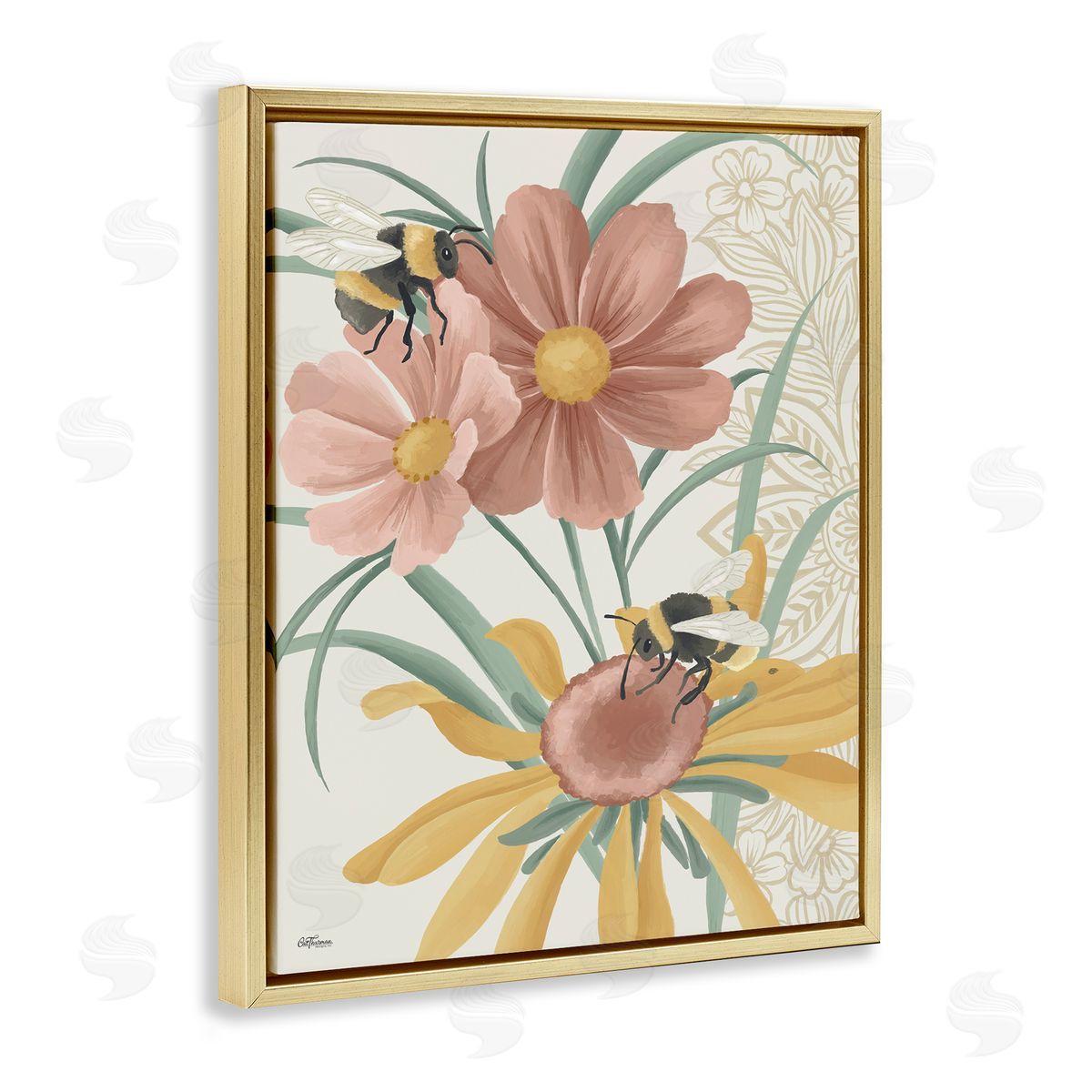 Pollinating Bumble Bees Gold Floating Frame Canvas Wall Art, Home Decor by Cat Thurman Designs