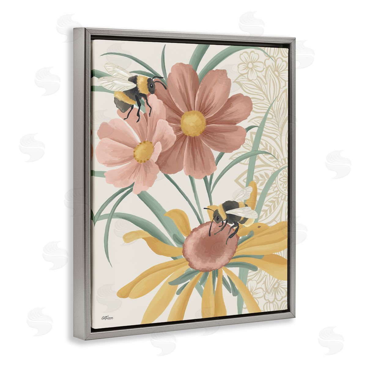 Pollinating Bumble Bees Grey Floating Frame Canvas Wall Art, Home Decor by Cat Thurman Designs