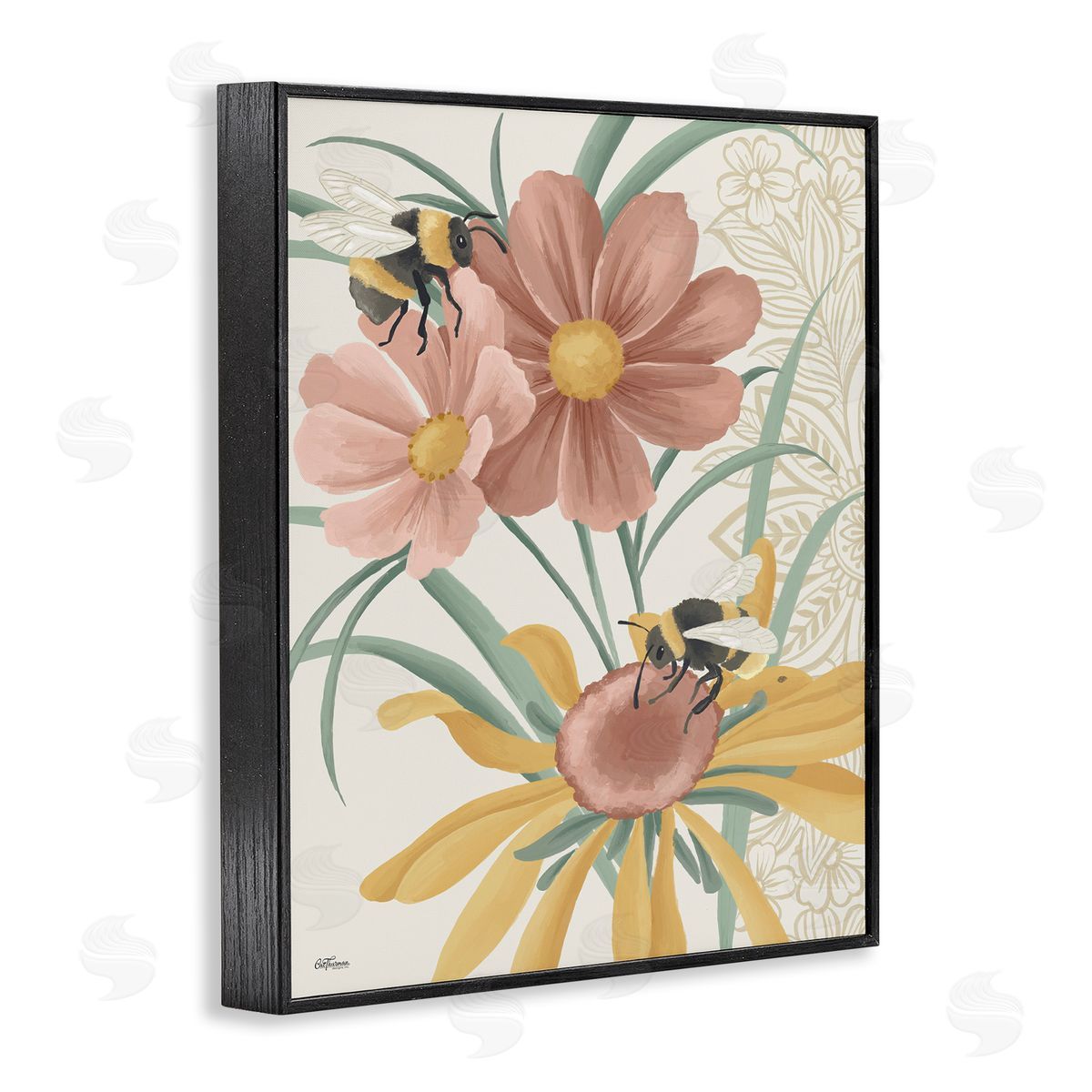 Pollinating Bumble Bees Black Frame Print Wall Art, Home Decor by Cat Thurman Designs