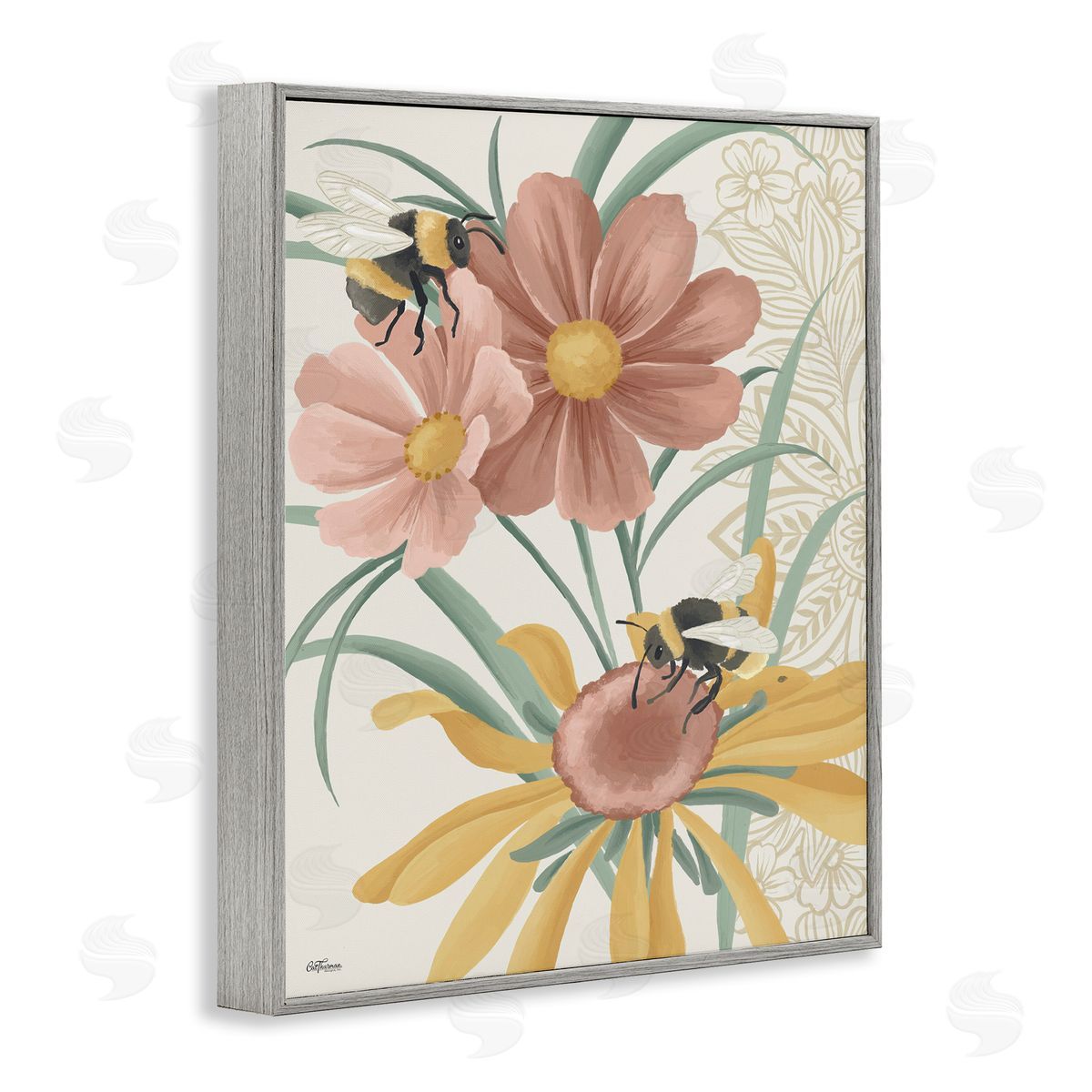 Pollinating Bumble Bees Grey Frame Print Wall Art, Home Decor by Cat Thurman Designs