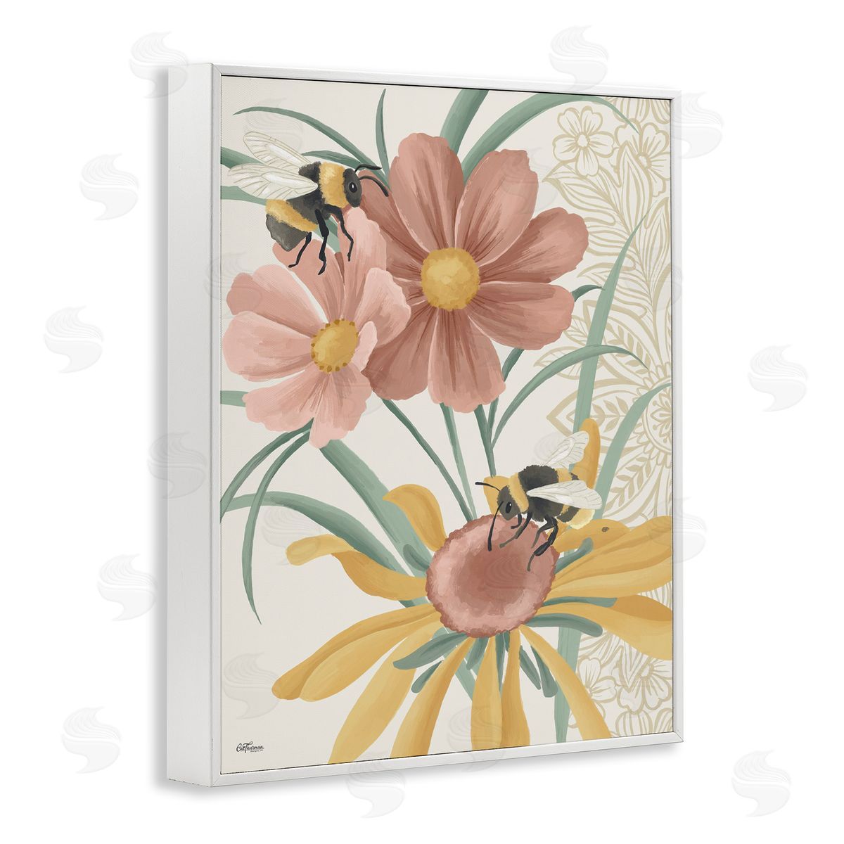 Pollinating Bumble Bees White Frame Print Wall Art, Home Decor by Cat Thurman Designs
