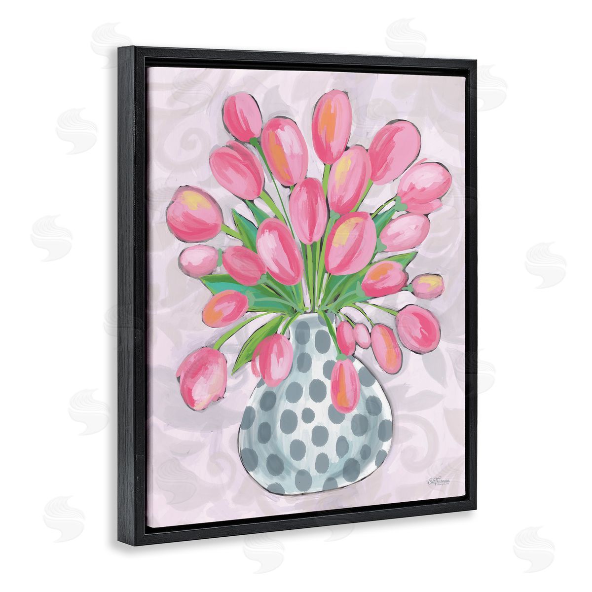 Round Pink Tulips Black Floating Frame Canvas Wall Art, Home Decor by Cat Thurman Designs