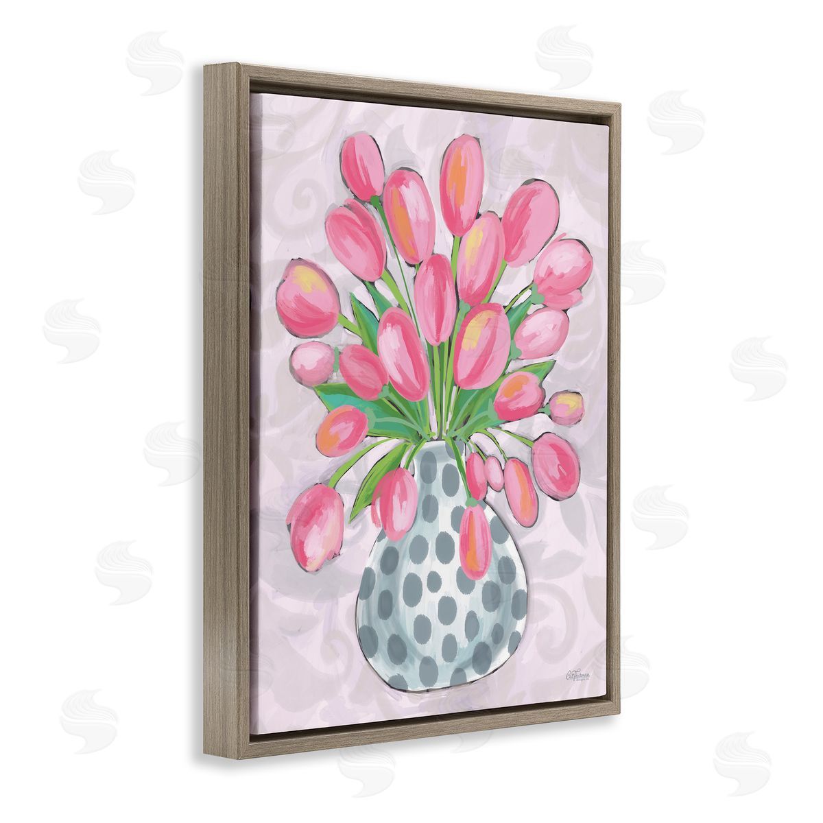 Round Pink Tulips Brown Floating Frame Canvas Wall Art, Home Decor by Cat Thurman Designs