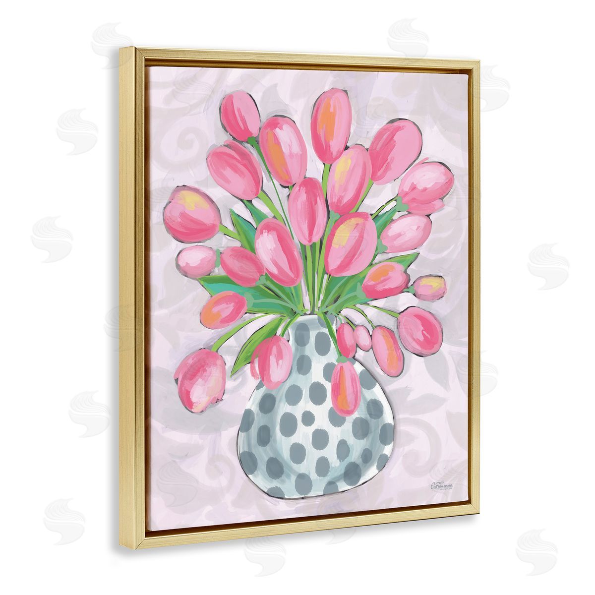 Round Pink Tulips Gold Floating Frame Canvas Wall Art, Home Decor by Cat Thurman Designs