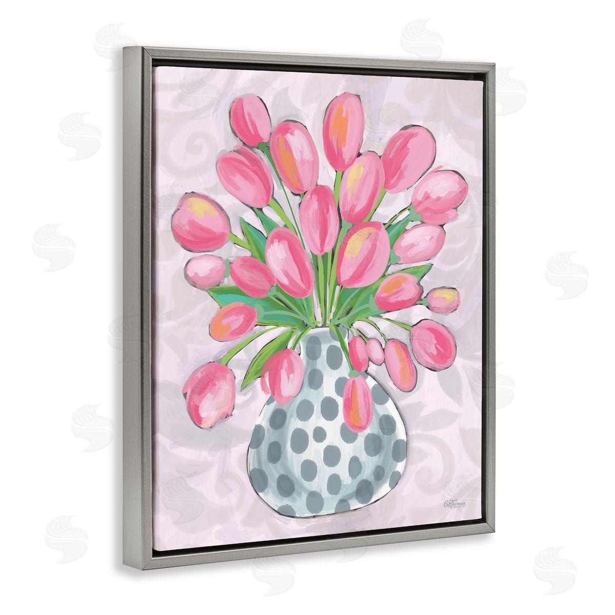 Round Pink Tulips Grey Floating Frame Canvas Wall Art, Home Decor by Cat Thurman Designs