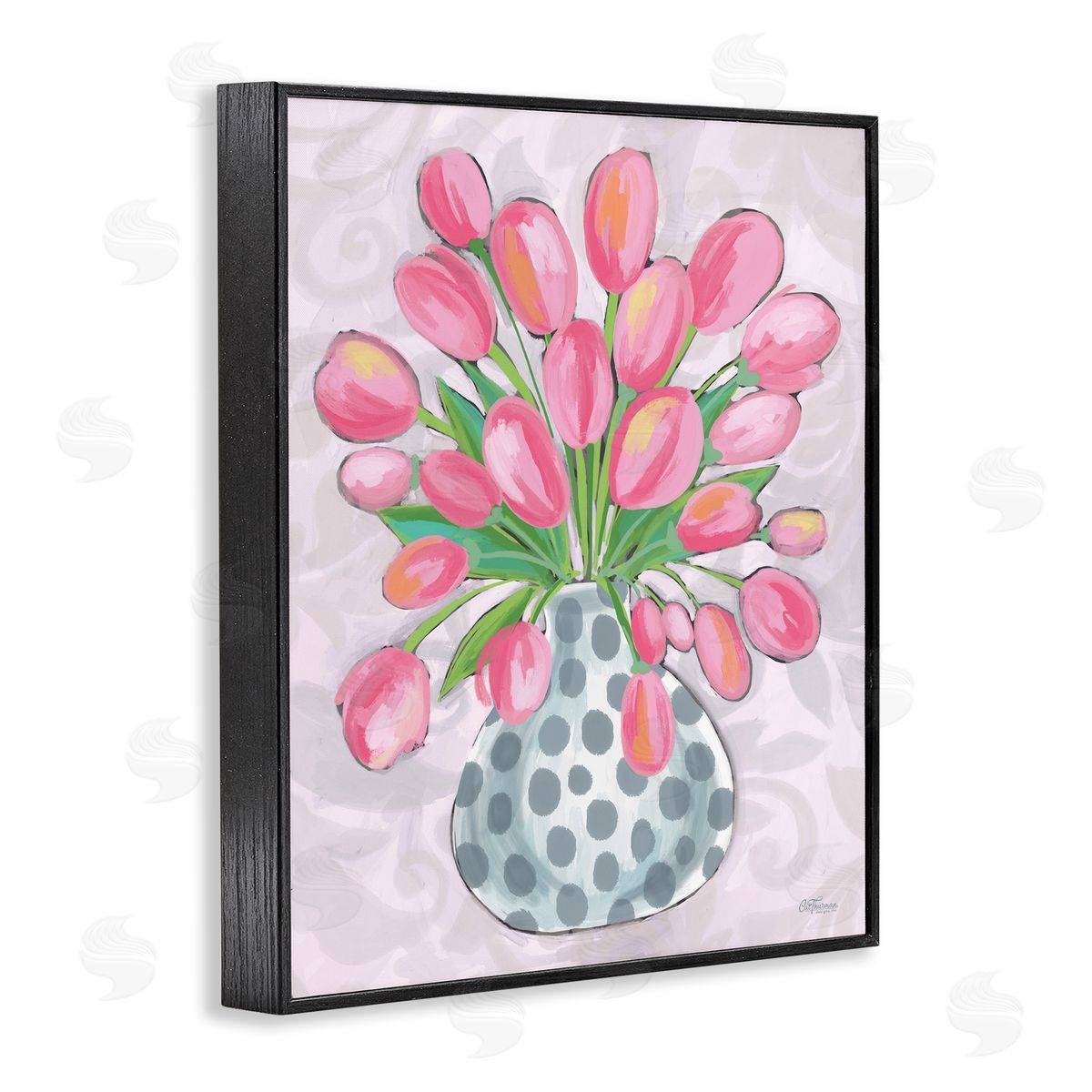 Round Pink Tulips Black Frame Print Wall Art, Home Decor by Cat Thurman Designs