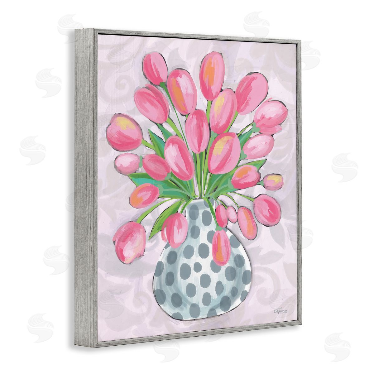 Round Pink Tulips Grey Frame Print Wall Art, Home Decor by Cat Thurman Designs