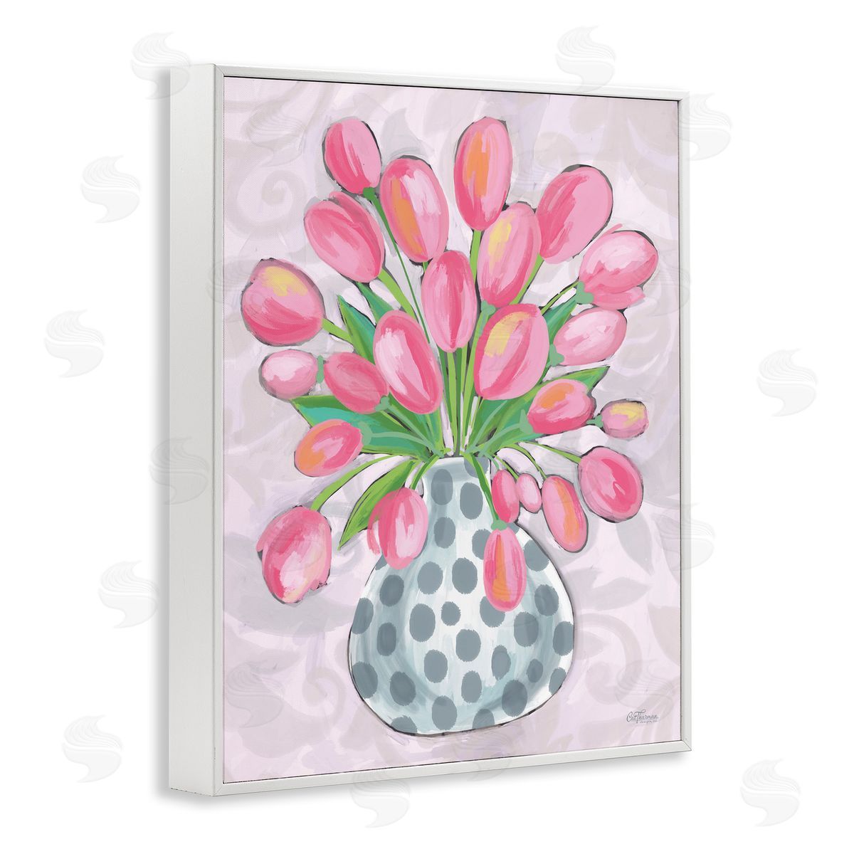 Round Pink Tulips White Frame Print Wall Art, Home Decor by Cat Thurman Designs