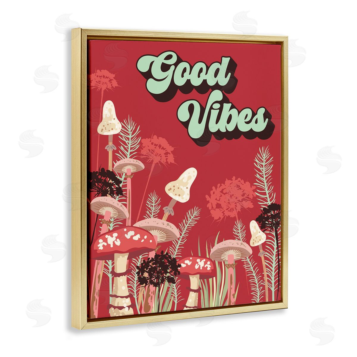 Good Vibes Mushrooms Gold Floating Frame Canvas Wall Art, Home Decor by Diane Labombarbe
