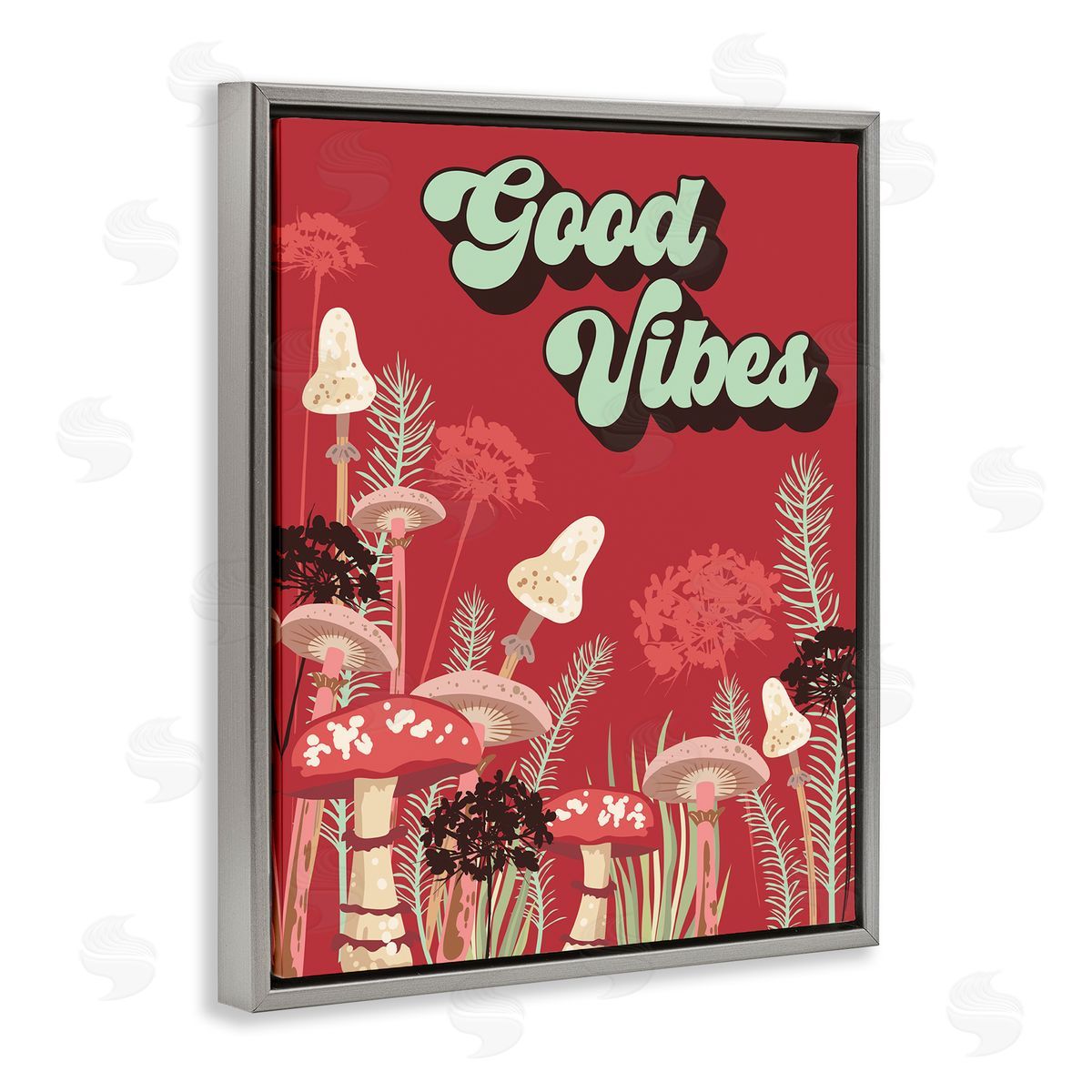 Good Vibes Mushrooms Grey Floating Frame Canvas Wall Art, Home Decor by Diane Labombarbe