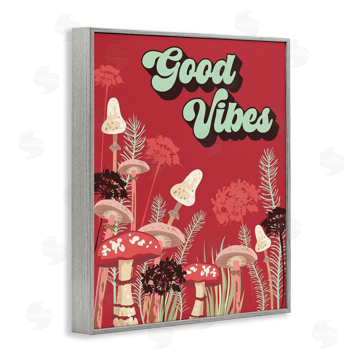 Good Vibes Mushrooms Grey Frame Print Wall Art, Home Decor by Diane Labombarbe