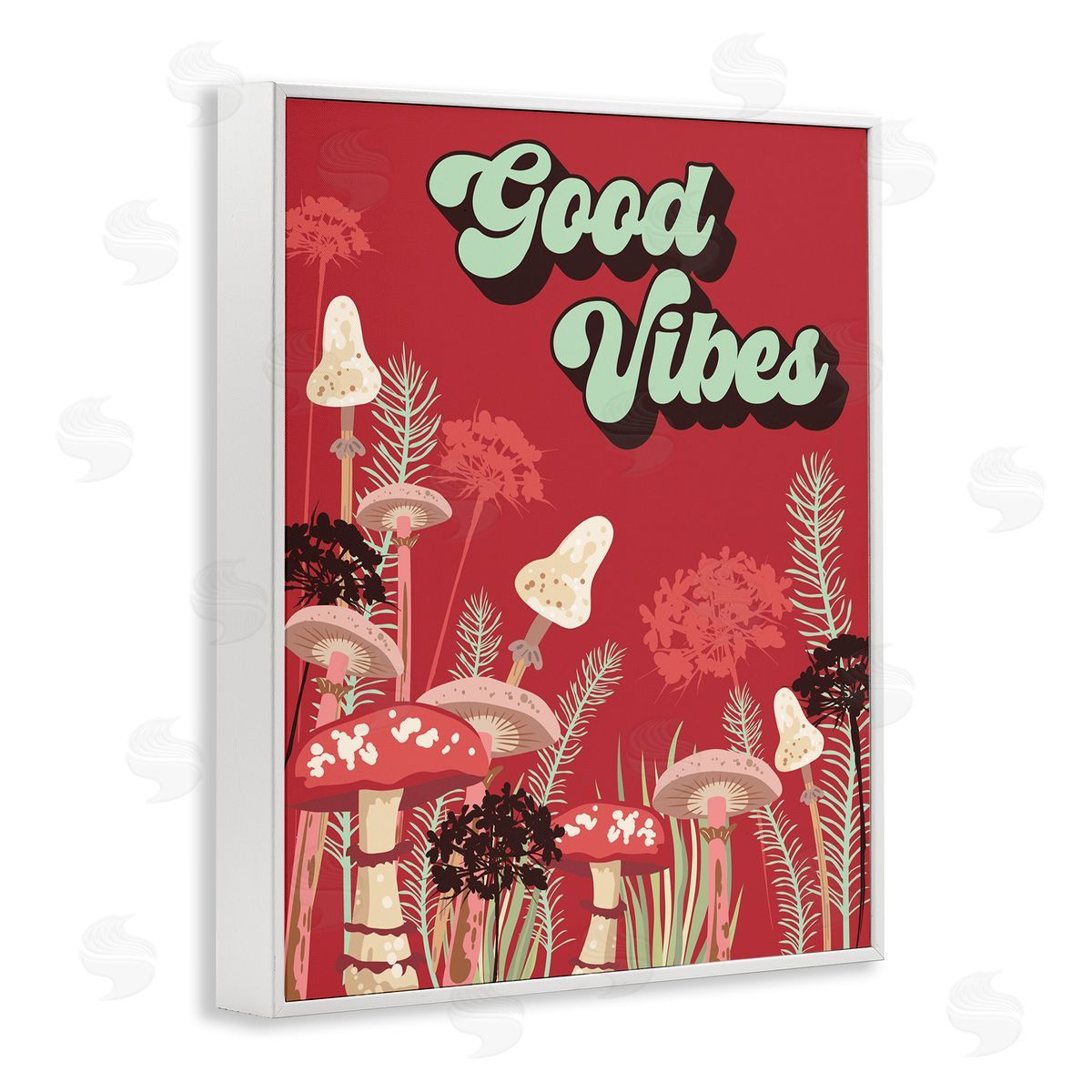 Good Vibes Mushrooms White Frame Print Wall Art, Home Decor by Diane Labombarbe