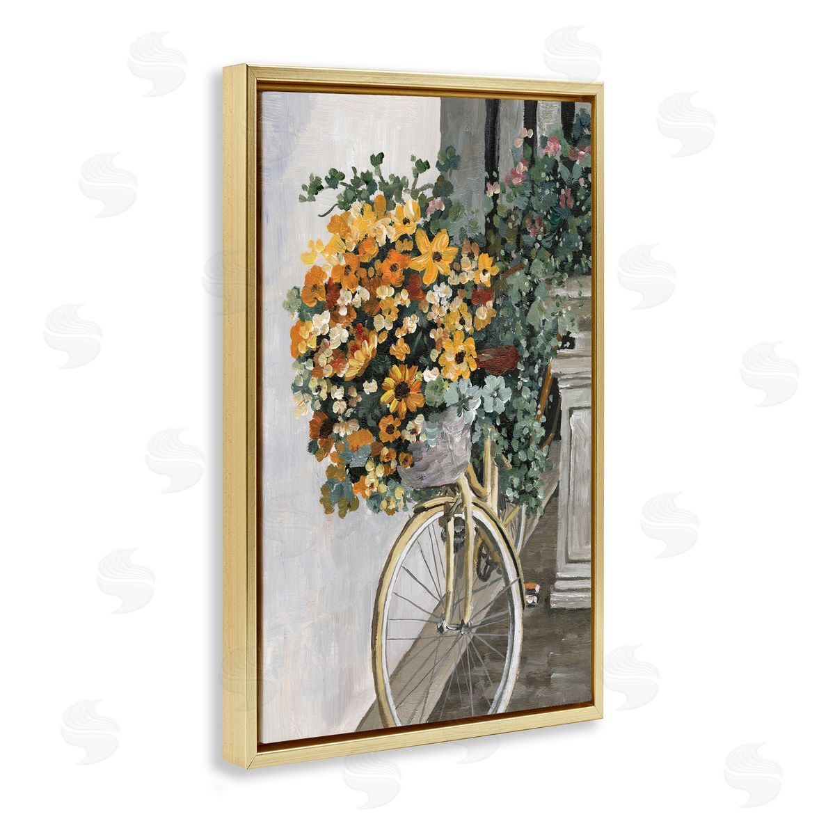 Bouquet on Bicycle Gold Floating Frame Canvas Wall Art, Home Decor by Dogwood Portfolio
