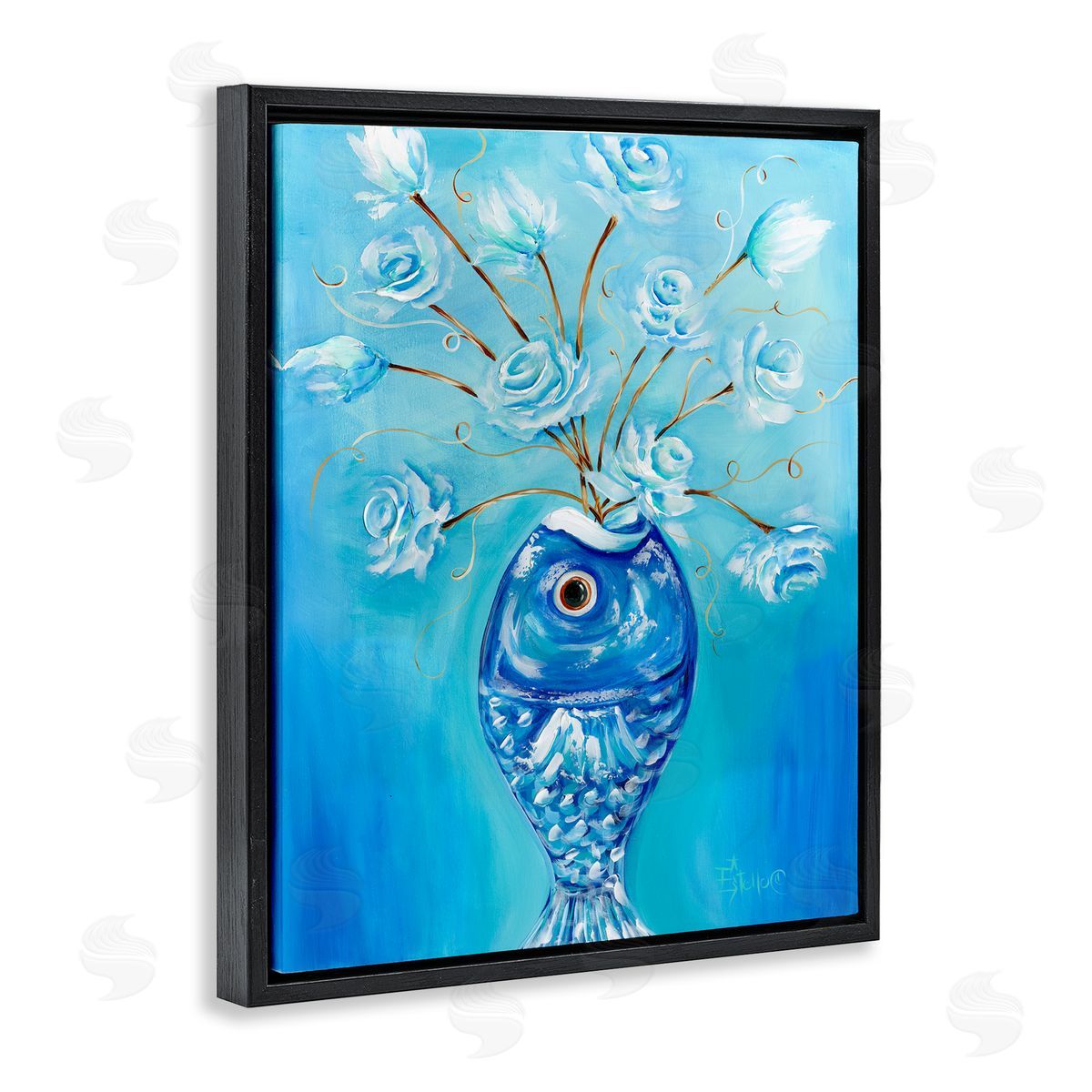 Fish Vase Bouquet Black Floating Frame Canvas Wall Art, Home Decor by Estelle Grengs