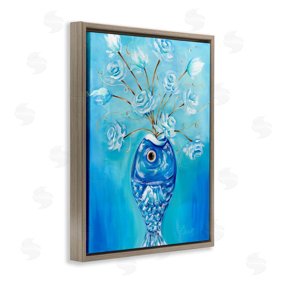 Fish Vase Bouquet Brown Floating Frame Canvas Wall Art, Home Decor by Estelle Grengs