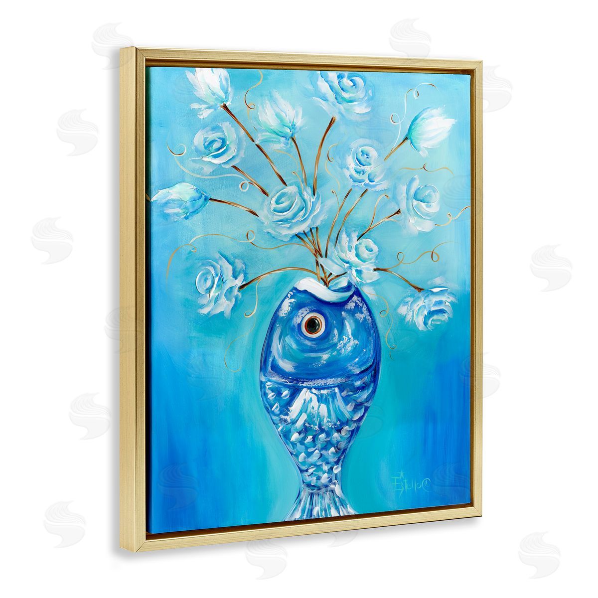 Fish Vase Bouquet Gold Floating Frame Canvas Wall Art, Home Decor by Estelle Grengs