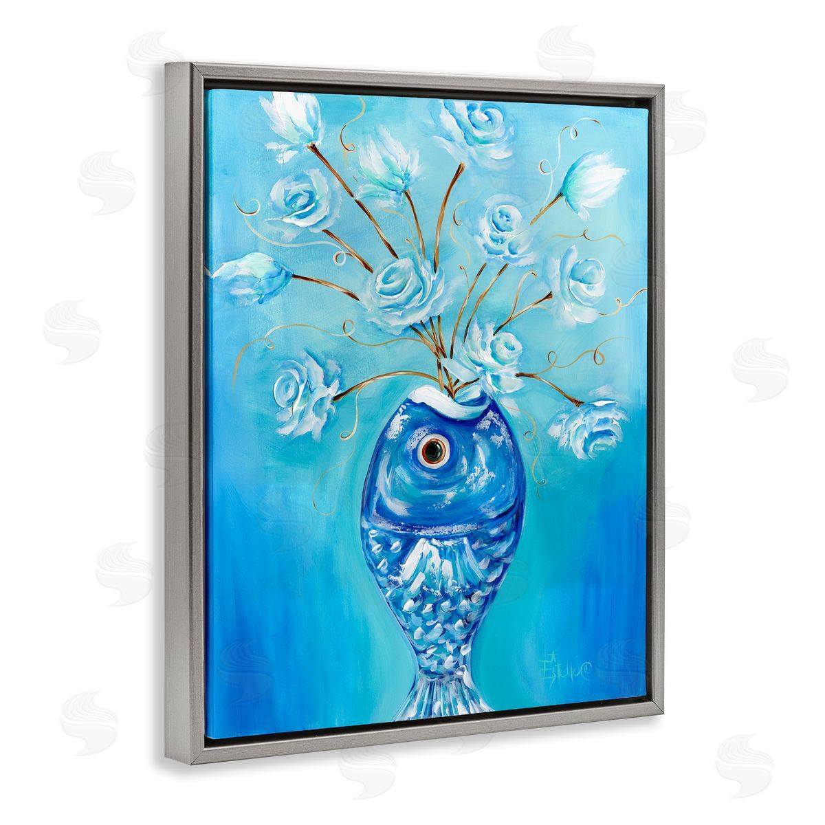 Fish Vase Bouquet Grey Floating Frame Canvas Wall Art, Home Decor by Estelle Grengs