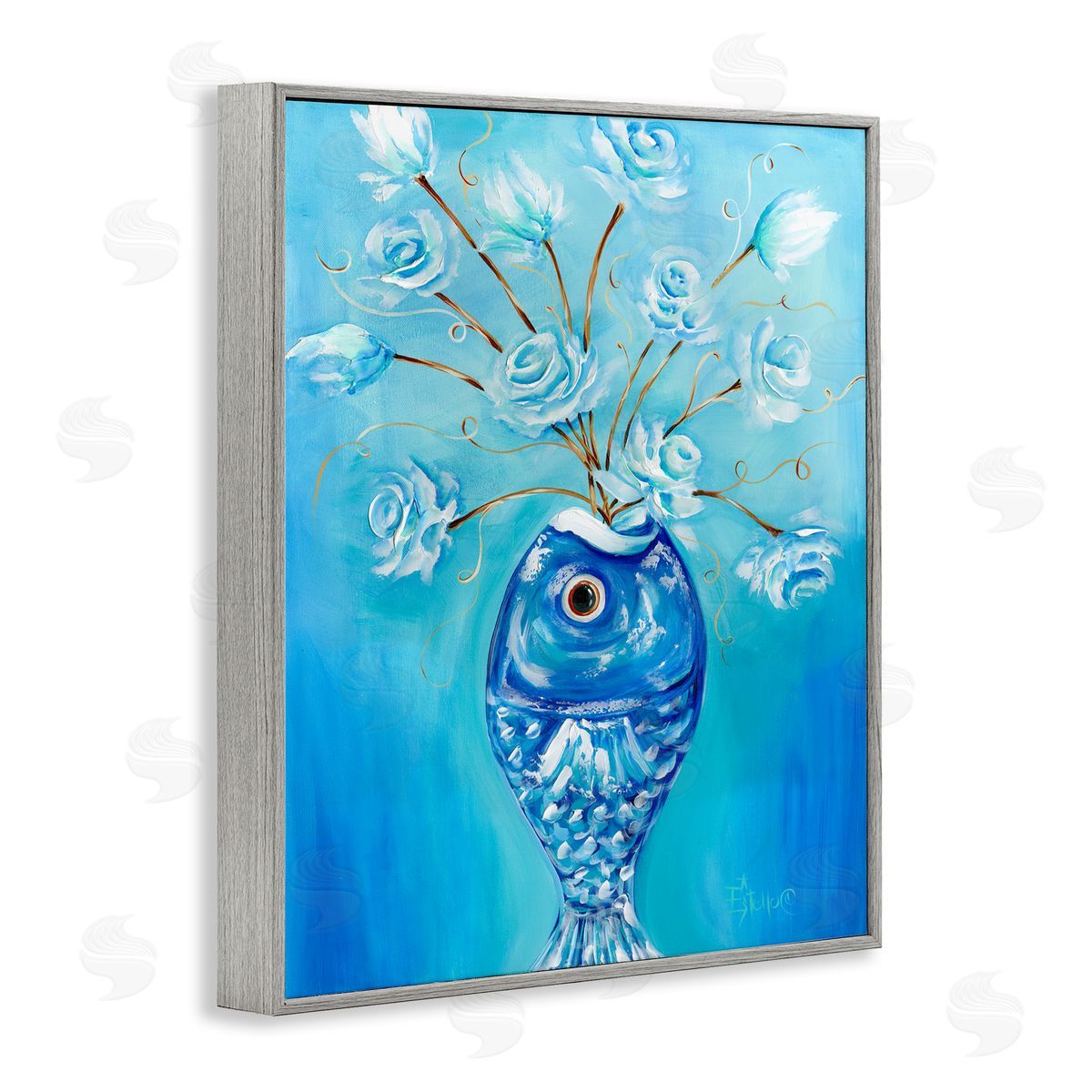 Fish Vase Bouquet Grey Frame Print Wall Art, Home Decor by Estelle Grengs