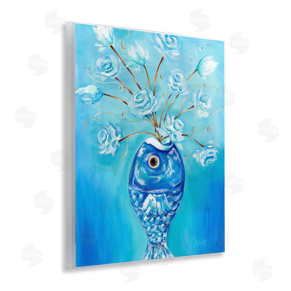 Fish Vase Bouquet Wood Plaque Wall Art, Home Decor by Estelle Grengs
