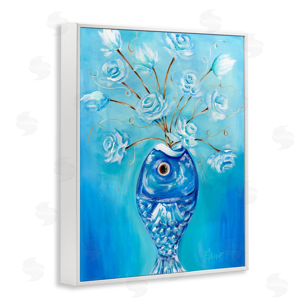 Fish Vase Bouquet White Frame Print Wall Art, Home Decor by Estelle Grengs