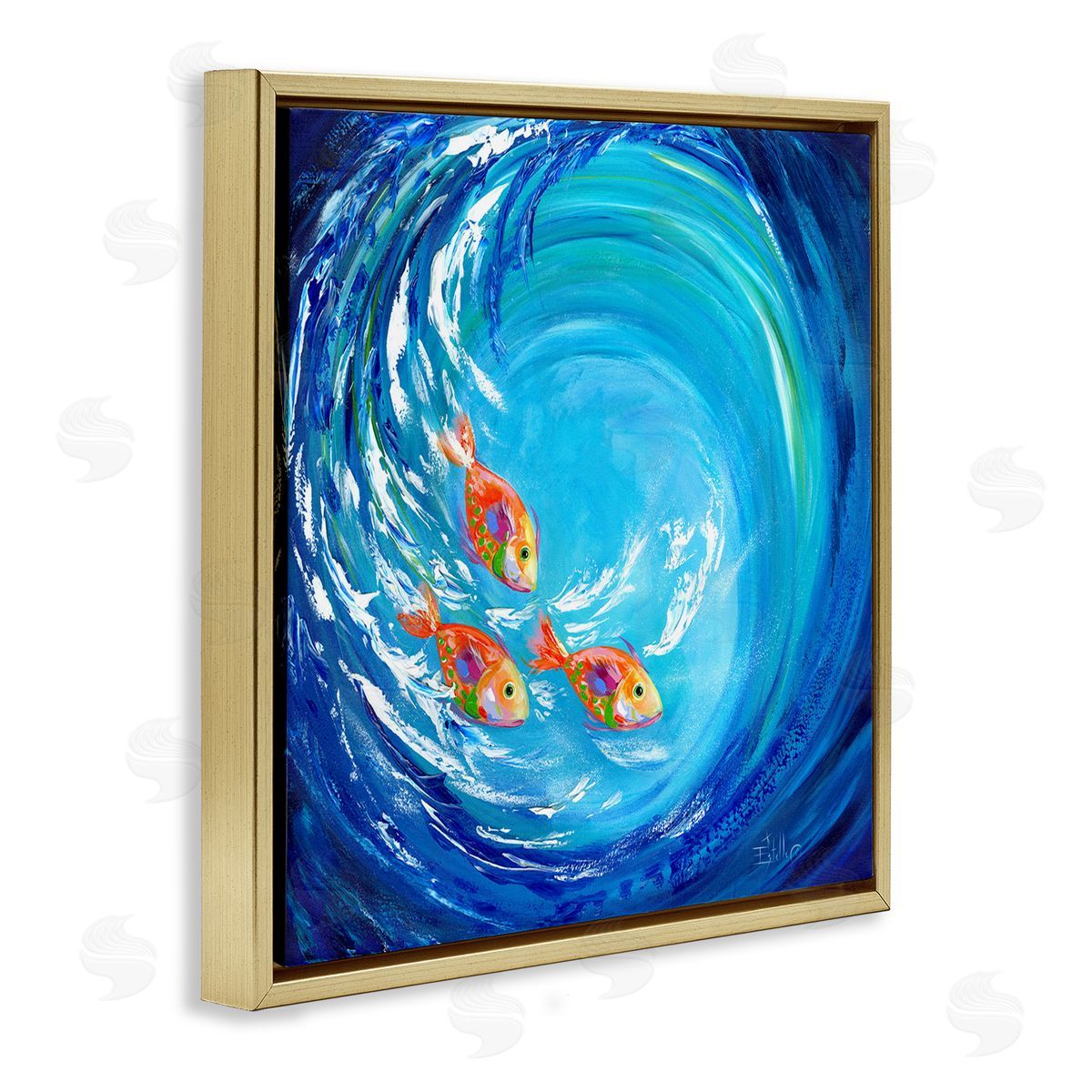 Into The Blue Fish Gold Floating Frame Canvas Wall Art, Home Decor by Estelle Grengs