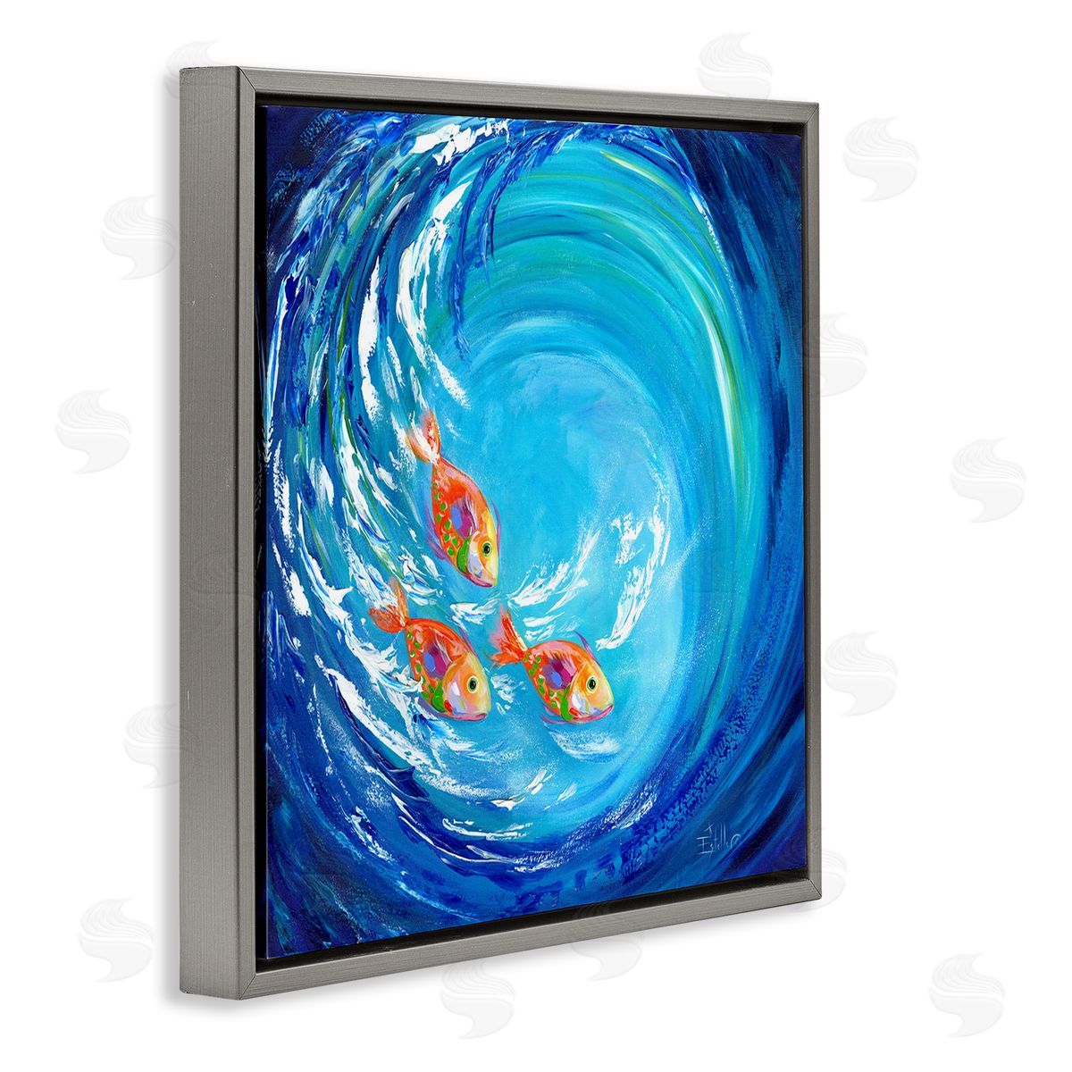 Into The Blue Fish Grey Floating Frame Canvas Wall Art, Home Decor by Estelle Grengs