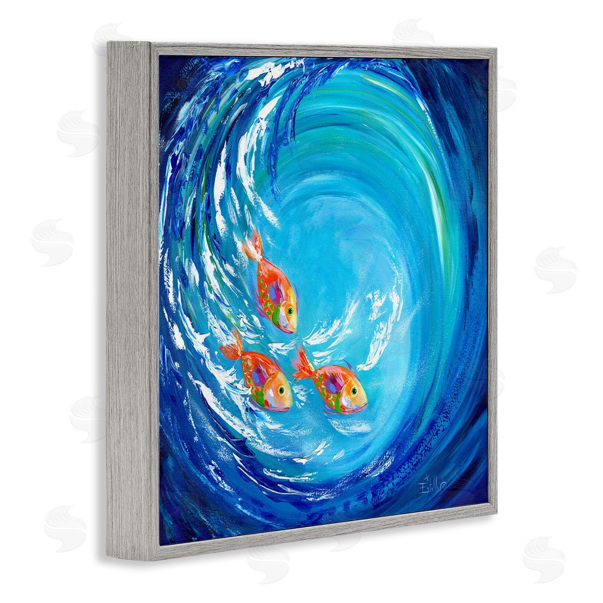 Into The Blue Fish Grey Frame Print Wall Art, Home Decor by Estelle Grengs