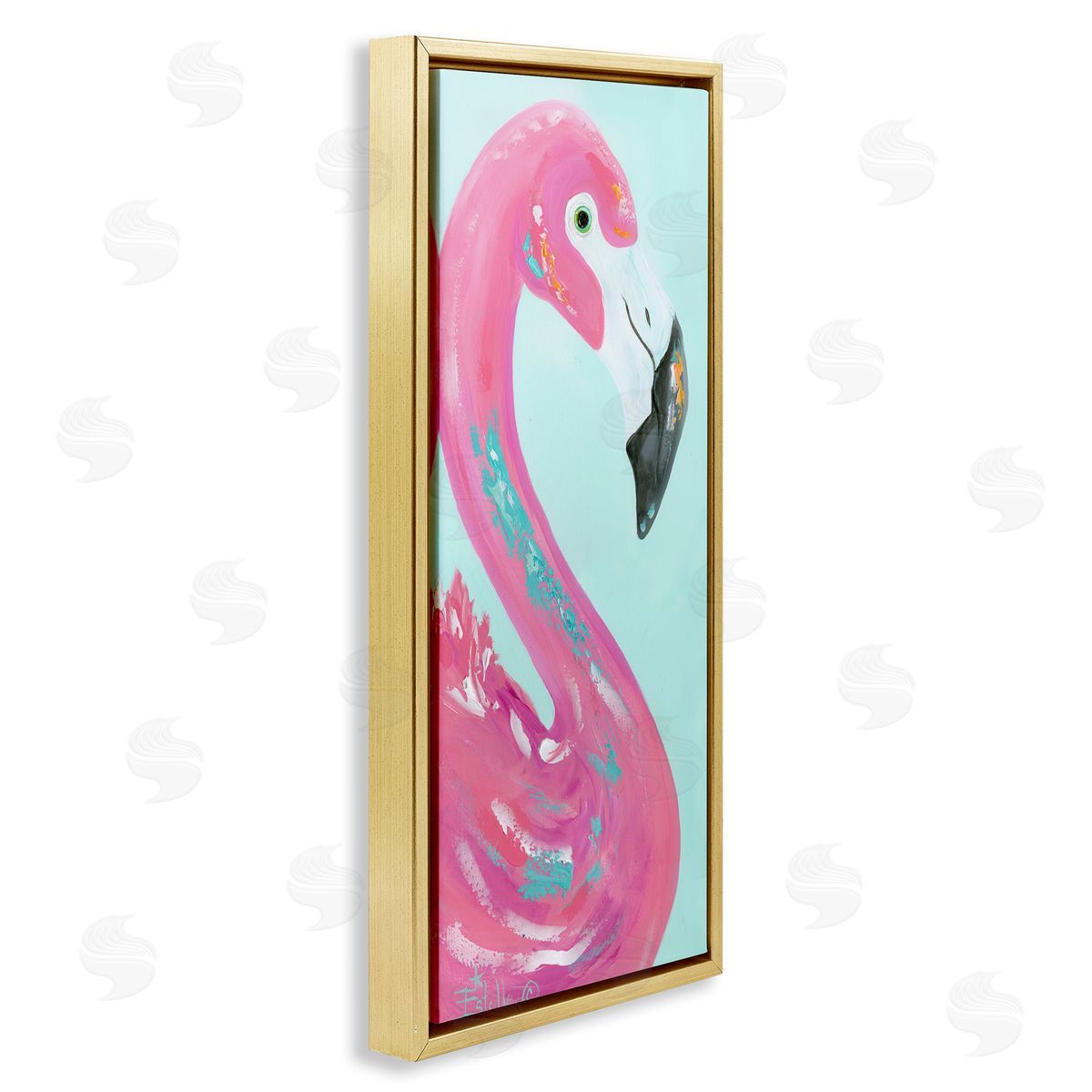 Odd Flamingo Portrait Gold Floating Frame Canvas Wall Art, Home Decor by Estelle Grengs