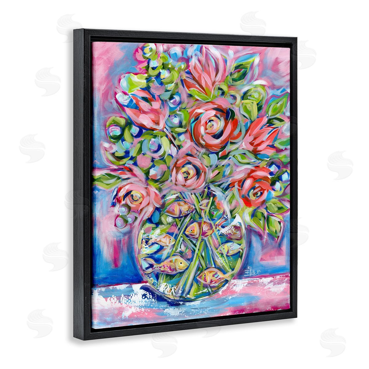 Roses and Goldfish Vase Black Floating Frame Canvas Wall Art, Home Decor by Estelle Grengs