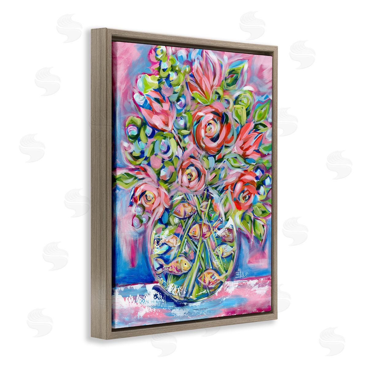 Roses and Goldfish Vase Brown Floating Frame Canvas Wall Art, Home Decor by Estelle Grengs