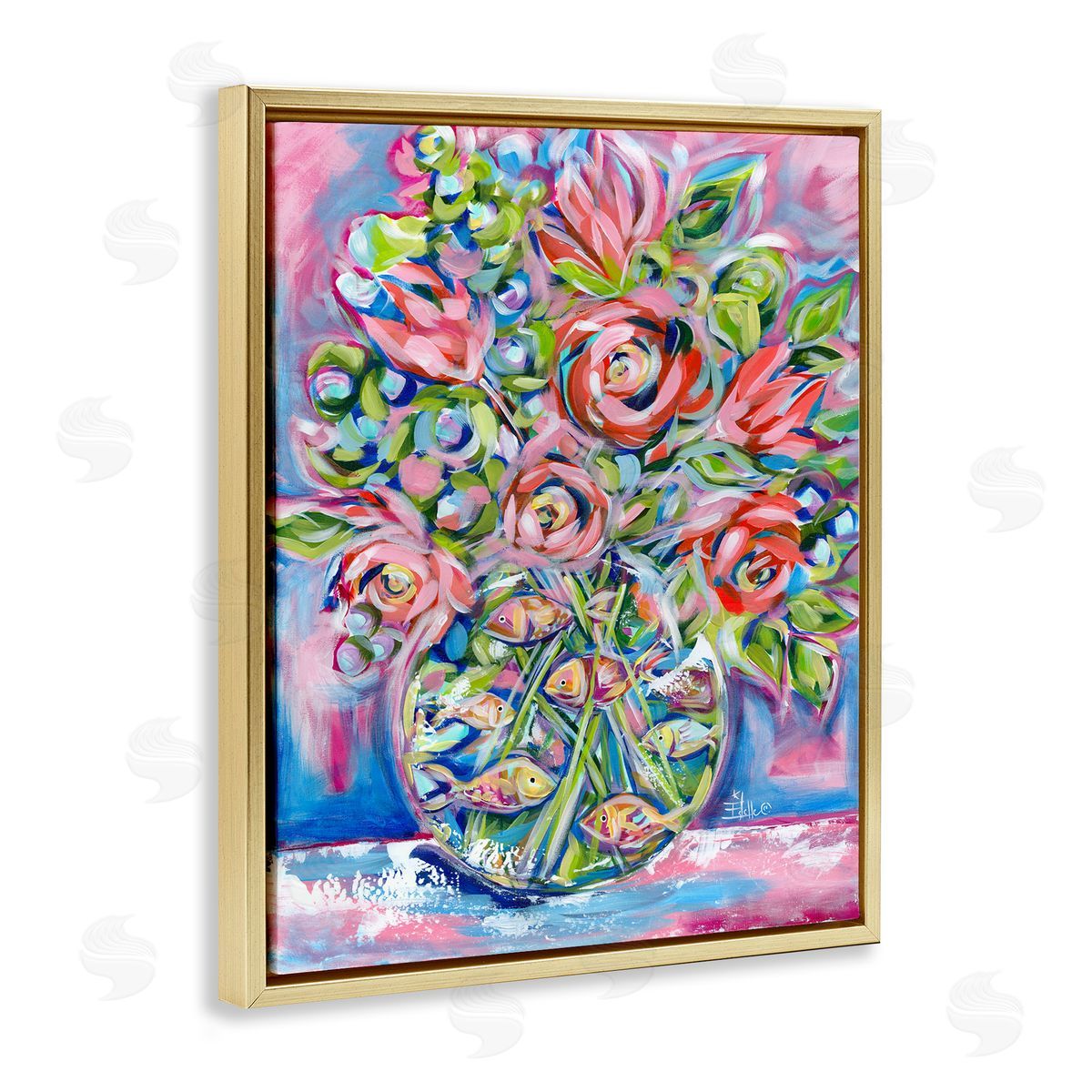 Roses and Goldfish Vase Gold Floating Frame Canvas Wall Art, Home Decor by Estelle Grengs