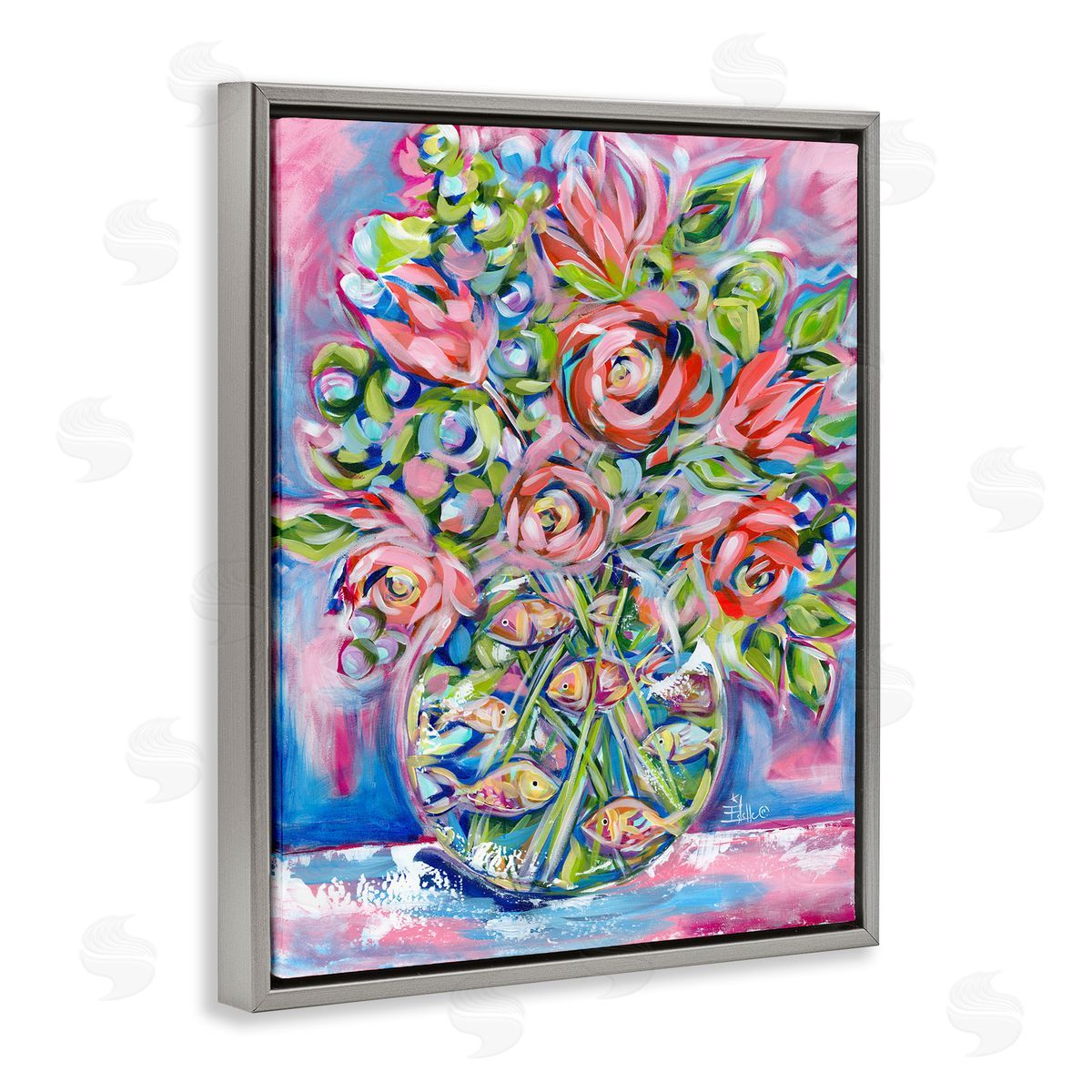 Roses and Goldfish Vase Grey Floating Frame Canvas Wall Art, Home Decor by Estelle Grengs