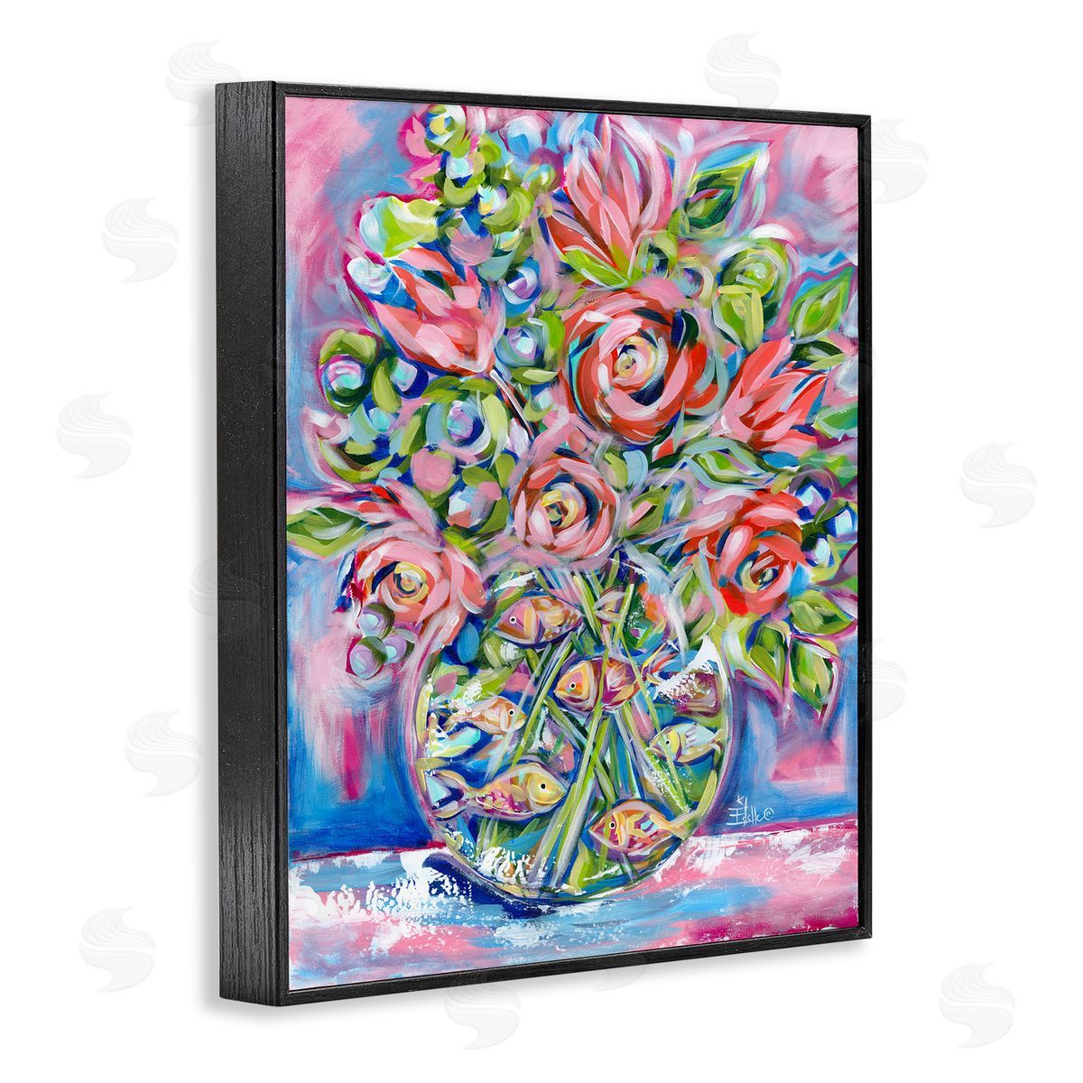 Roses and Goldfish Vase Black Frame Print Wall Art, Home Decor by Estelle Grengs