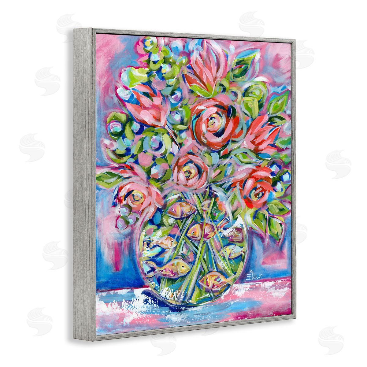 Roses and Goldfish Vase Grey Frame Print Wall Art, Home Decor by Estelle Grengs