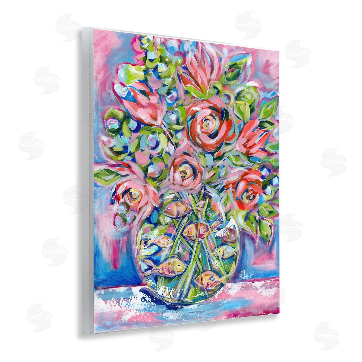 Roses and Goldfish Vase Wood Plaque Wall Art, Home Decor by Estelle Grengs